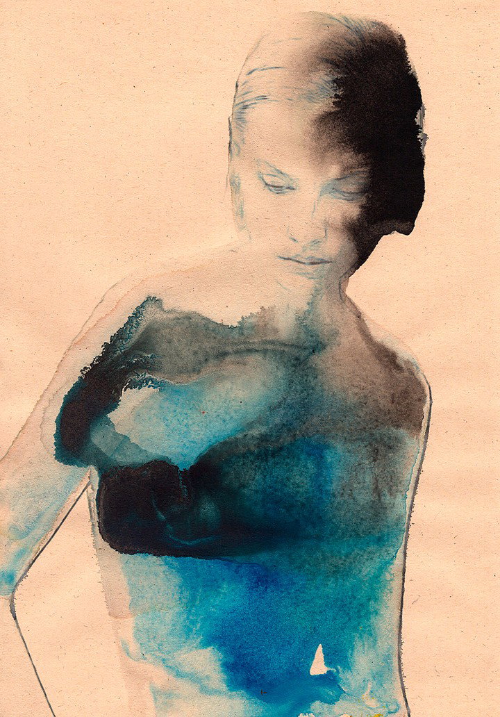Blue Moon: a standing figure washed in deep teal and black ink over a pencil drawing on aged paper