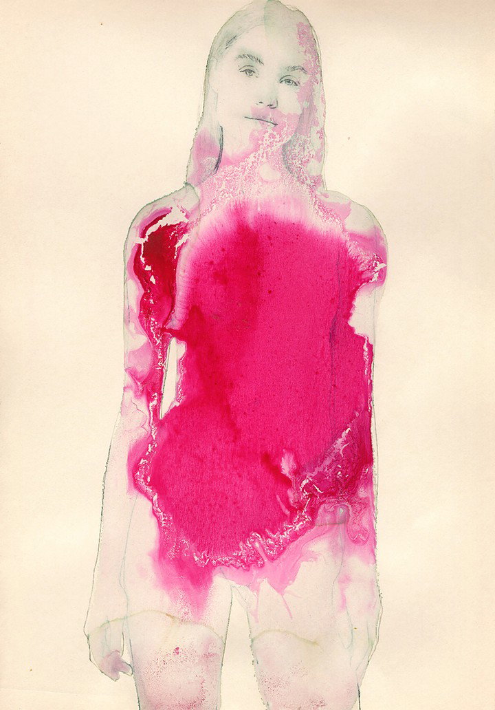 Bloom: a figure with a magenta wash across the body on pale aged paper