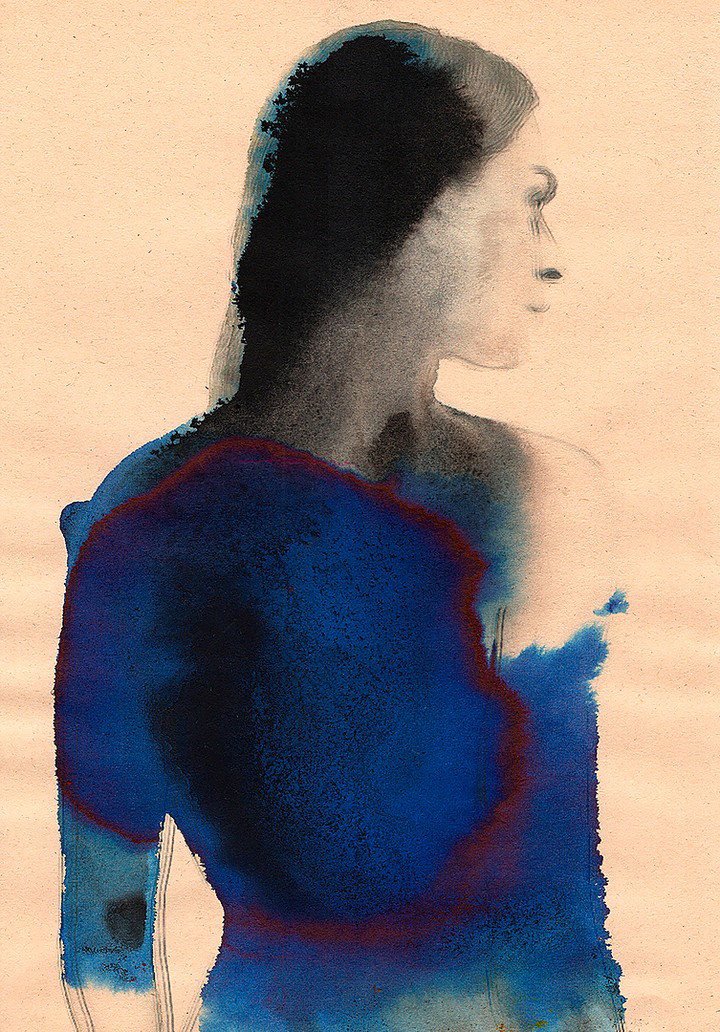 Midnight Blue: a figure turned away, deep navy ink washed across the shoulders on aged paper